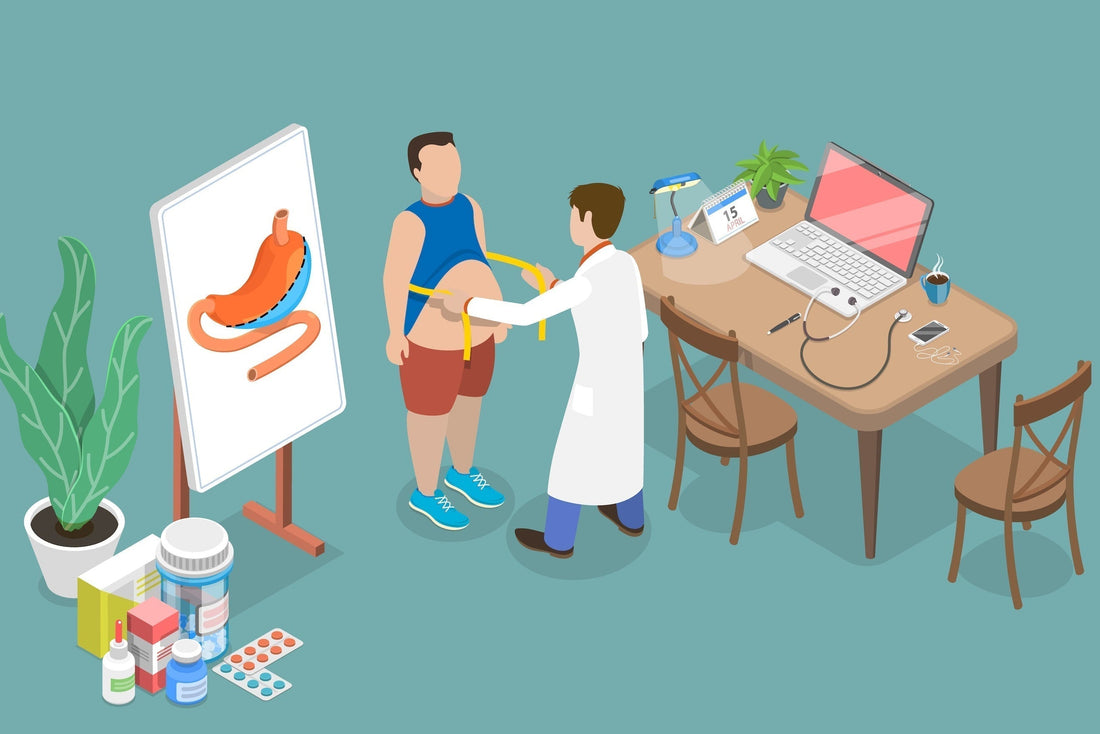 A man getting this stomach measured by a doctor