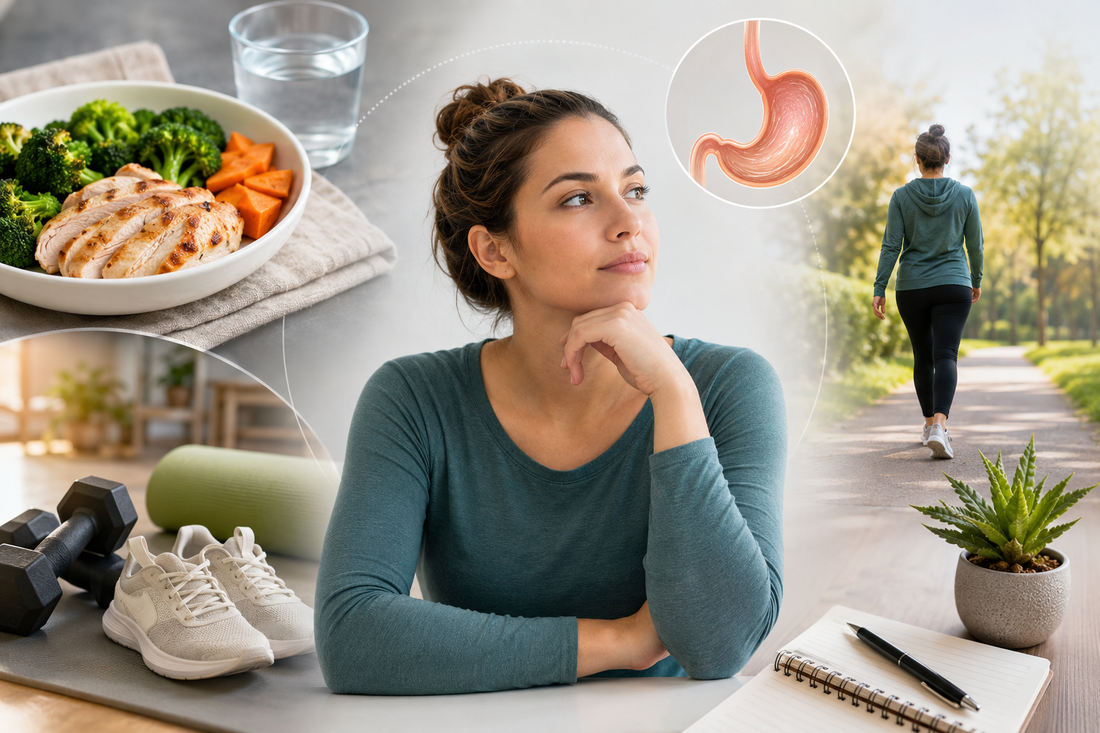 Person reflecting on long-term bariatric weight maintenance surrounded by healthy foods, hydration, exercise equipment