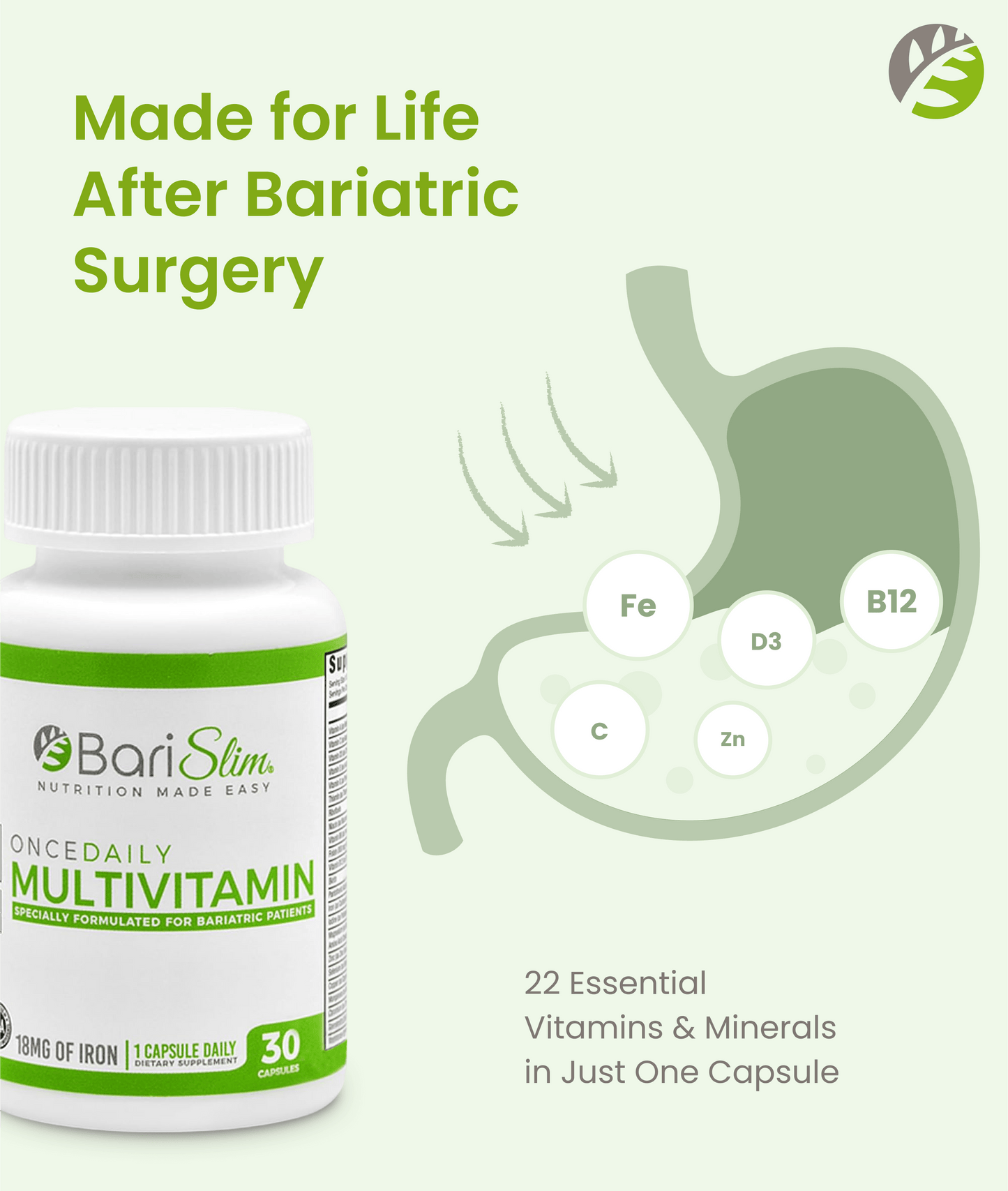 Once Daily Bariatric Multivitamin - 18mg of Iron - 30 Capsules
