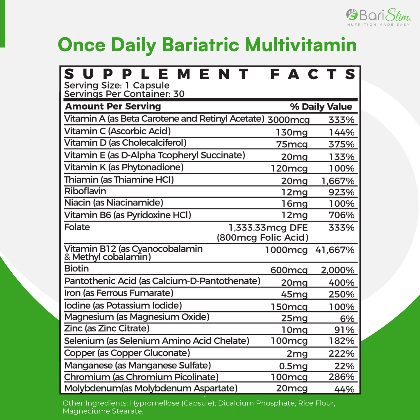 Once Daily Bariatric Multivitamin supplements facts
