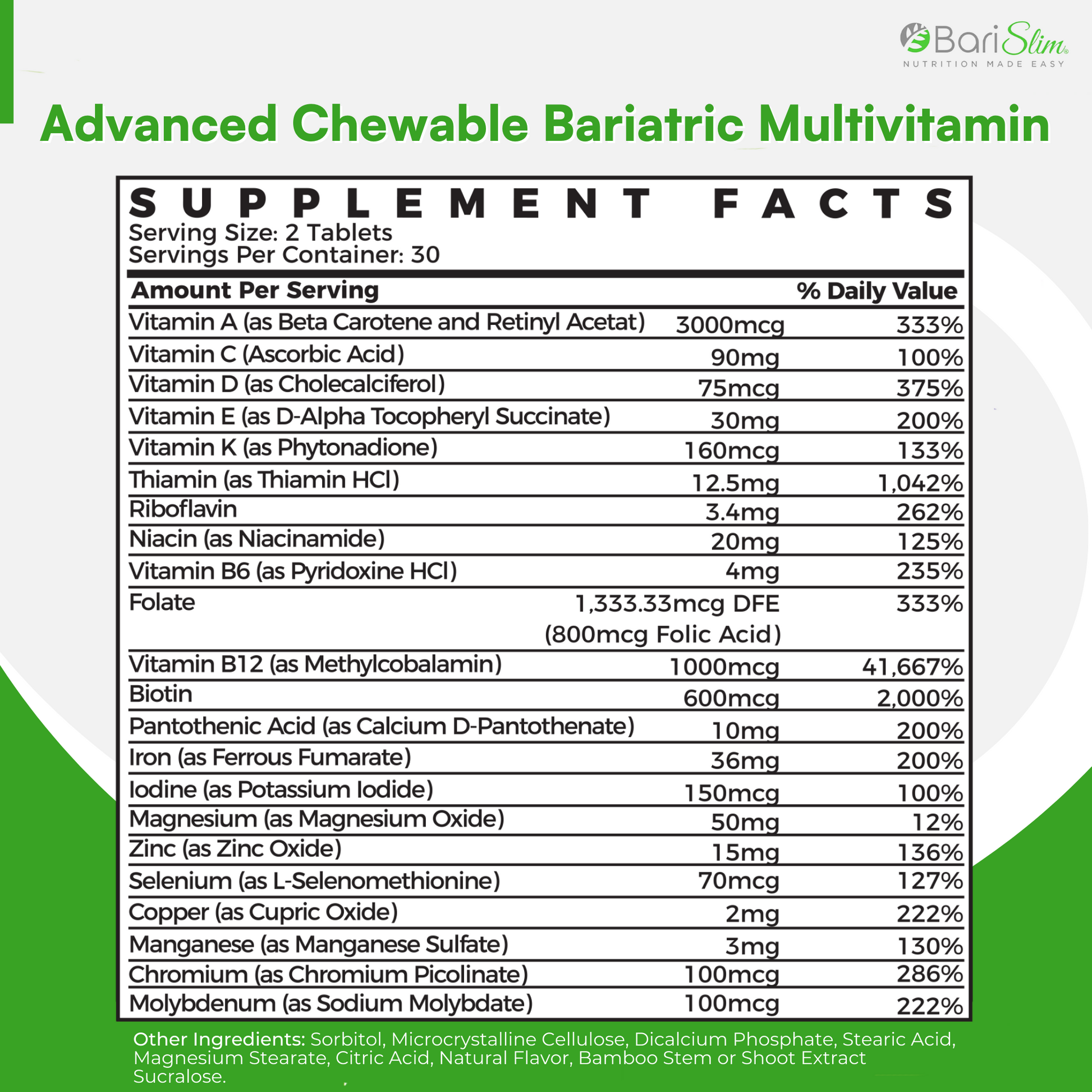 Advanced chewable bariatric multivitamin ingredients