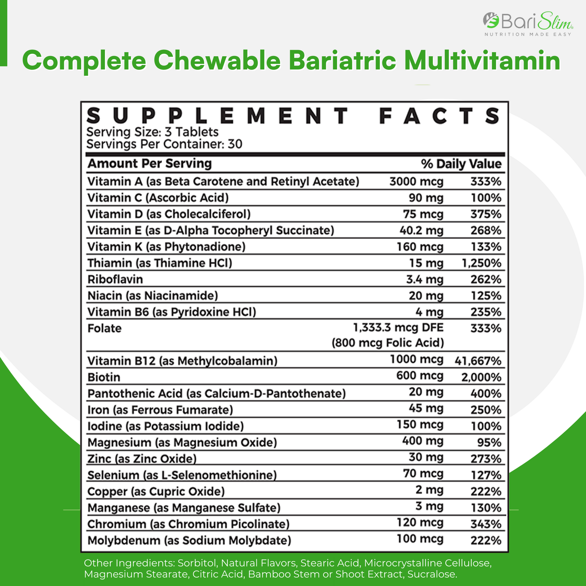 Supplements Facts for complete chewable bariatric multivitamin