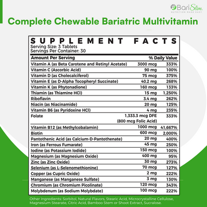 Complete Chewable Bariatric Multivitamin supplements facts/ingedients 